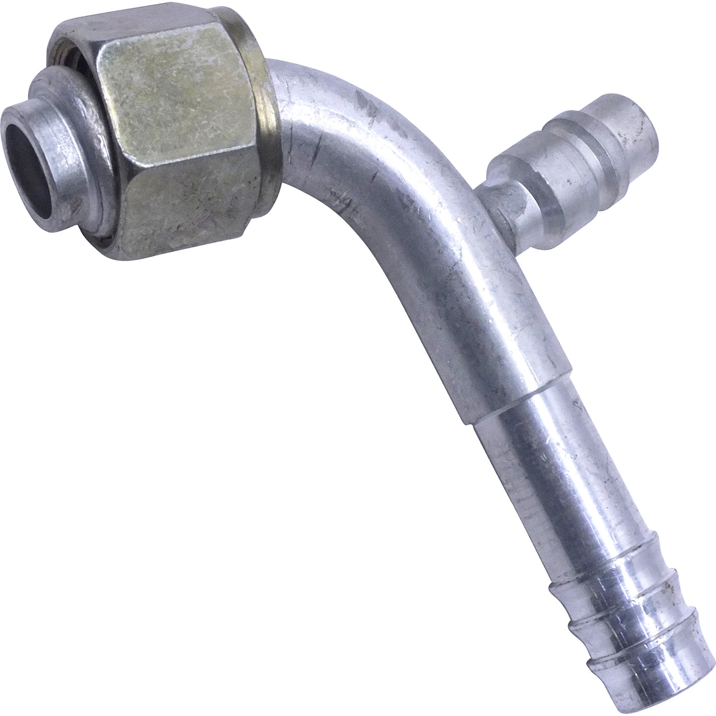 Aluminum 90º Female Oring Barb Fitting w/ Svc Port